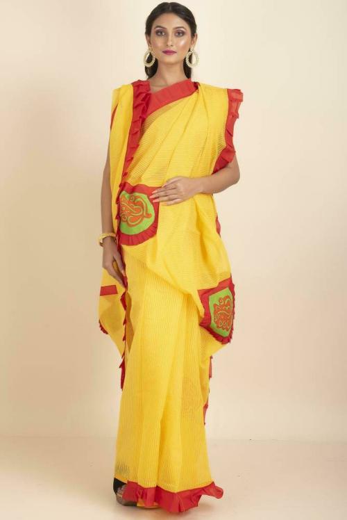 Anirban Women Yellow Applique Cotton Blend Handloom Saree