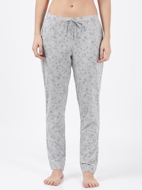 Jockey Style 1301 Women's Super Combed Cotton Elastane Stretch Slim Fit Trackpants With Side Pockets - Lt Grey Melange Printed