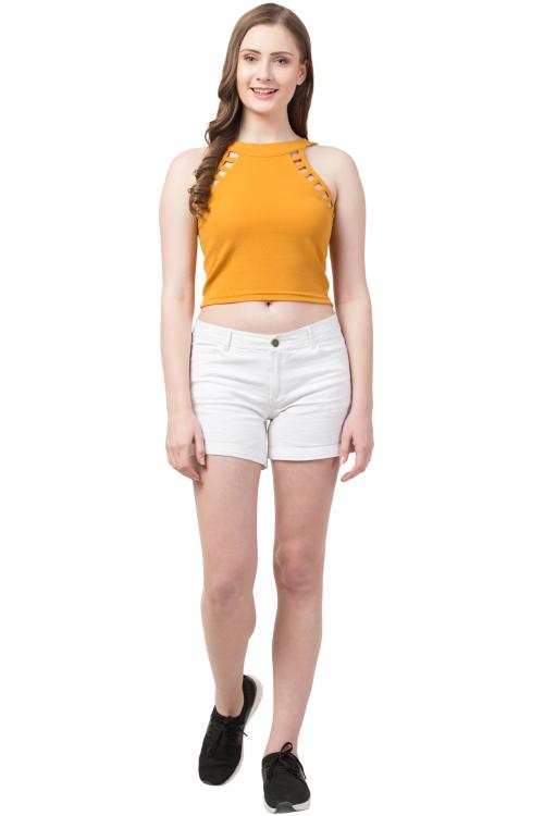 Gaurgeous Casual No Sleeve Laser Cut Women Yellow Top