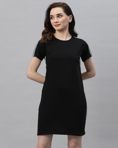 Rigo Women Black Round Neck Side Tape Dress