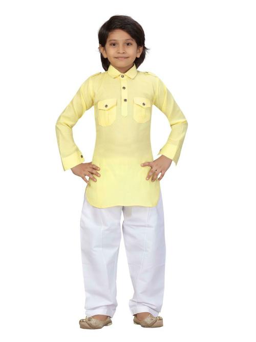Little Mafia By Aarika Boys Yellow-White Color Pathani Kurta Pyjama Set