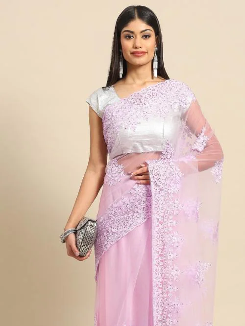 PatialaPicks Embroidered Net Saree with Blouse Piece Light Purple