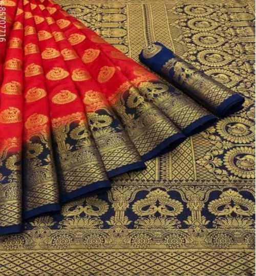 BANARASI PEACOCK DESIGN SILK SAREE-RED NAVYBLUE