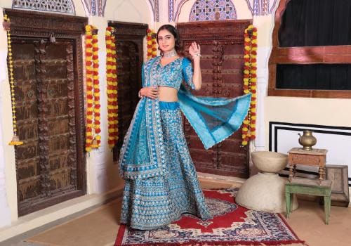 Rujave Women Blue Colorblock Pure Silk, Net Semi Stitched Lehenga Choli (Free Size)