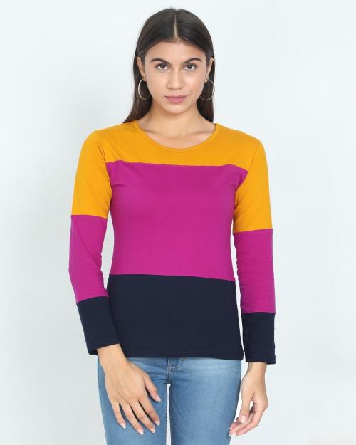 Flexima Womens Mustard Yellow,Magenta and Navy Blue Color Block Full Sleeve Tshirts