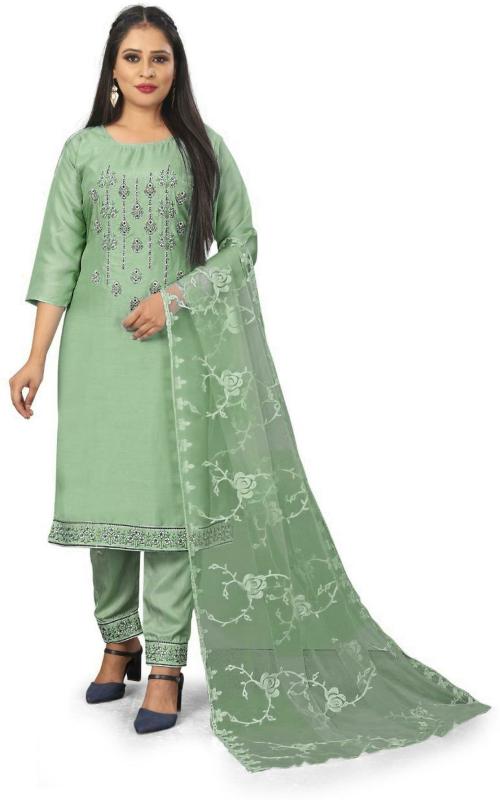 Shanti Creation Women Light Green Embroidered Silk Kurta, Palazzo & Dupatta Set - XXL