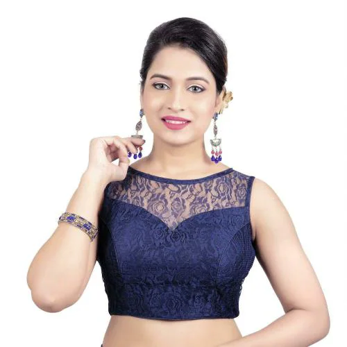Areum Women Navy Solid Net Blouse (40)