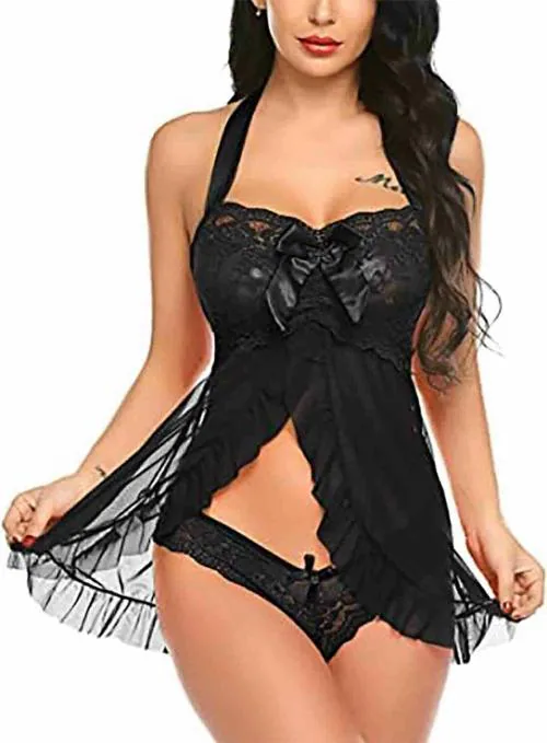 ZXS STYLE Women Black Lace Babydoll Lingerie Set