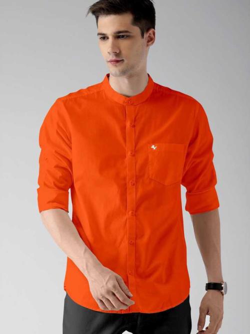 BOUGHT FIRST Solid Regular Fit Men's Full Sleeves Mandarin Collar Cotton Blend Shirt Stylish Casual Formal Party, Office, Festival- (Orange, L)