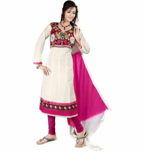 JHEENU Shree Vardhman Women Pink and White Embroidered Cotton Blend Salwar Suit Material