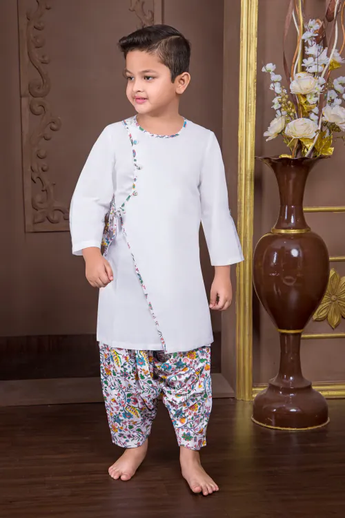 Nino Bambino 100% Organic Cotton Angrakha Kurta With Printed Salwar For Kids Boys - Multicolor (8-10 Years)