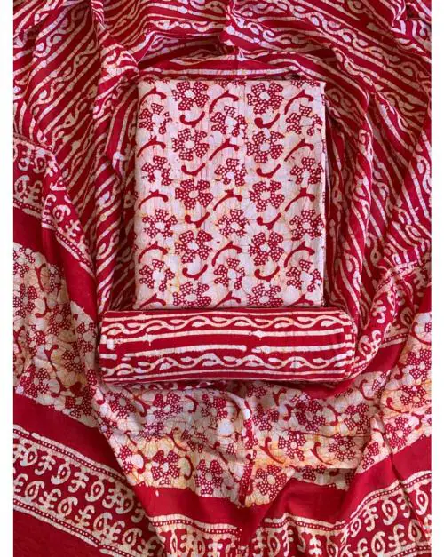 Cotton Batik Handblock Print Dress Material : RED by Veeha Boutique