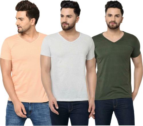 Bribzy Men Peach, Grey, Olive Solid Cotton Blend Pack of 3 T-Shirt (Extra Large)