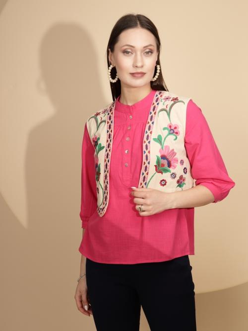 GLOBAL REPUBLIC Beige Cotton Tailored Fit Waist Coat For Women