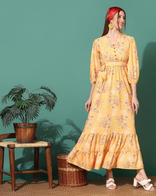 Fashion Dream Women Yellow Floral Printed Crepe Tiered Dress | Dresses| Women Dress| Maxi Dresses| Dress for Women| Printed Dress| Women casual dress| Tiered Dress|Maxi