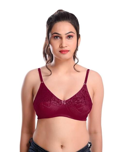 MISSVALENTINE Cotton Everyday Non-Padded Wirefree Seemed Bra Full Coverage for Women - Deepika - Maroon (44 D)