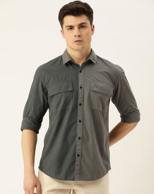 Bene Kleed Men Grey/Charcoal Grey Colour Block Slim Fit Casual Shirt