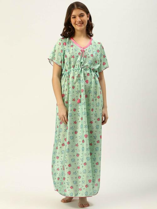 Adishwar Women Green Floral Satin Nighty