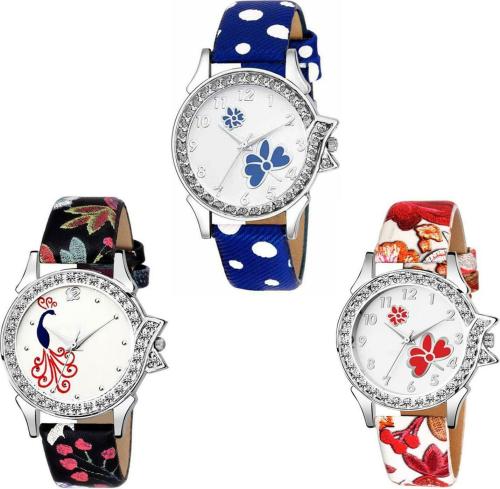 SPLAZOS Round Diamond Stunned Formal Leather Analog Silver Dial Multicolor Strap Watches for Women (pack of 3)