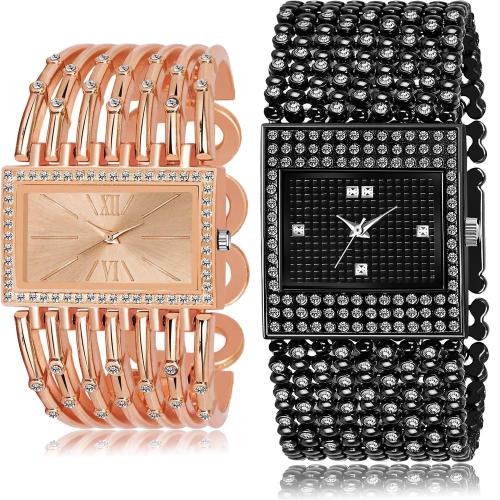 NEUTRON Latest Branded Chain Bracelet Diamond Rose Gold And Black Colour Analog Metal Belt 2 Watch Combo For Women And Girls - G585-GL286