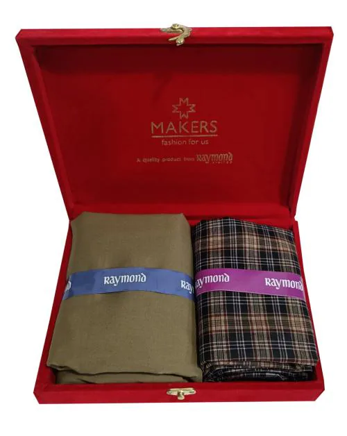 Raymond Men Brown Checkered Cotton Shirt & Trouser Fabric-(2.35 M-Shirt, 1.30 M-Pant)