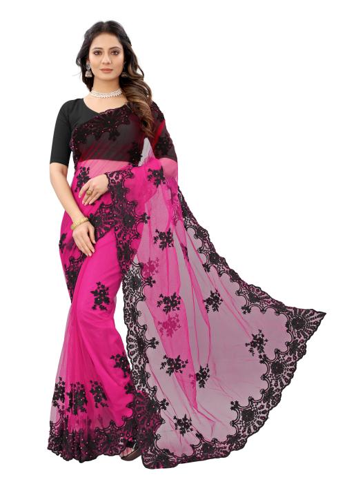Barakiay Creation Women's Embroidered Work Fashion Net Saree With Blouse Piece.