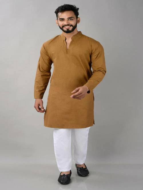 Villain Men's Brown Ethnic Wear Solid V-neck Cotton Kurta