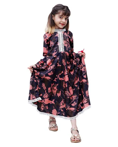 GO KIDS Gorgeous Brown High neck Cuff Sleeve Crepe Blend Kids Dress