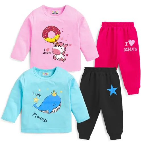 KUCHIPOO Baby Girl Regular Fit Cotton T-Shirts and Pyjamas Set (KUC-PSUT-101, Multi-Colored)