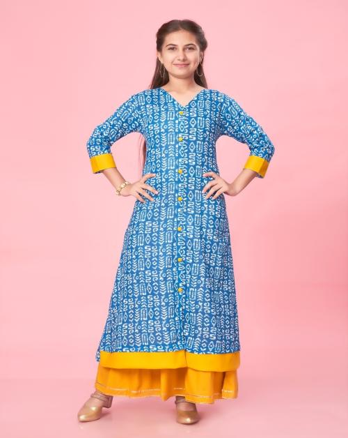 Muhuratam Girls Blue Colour Cotton Printed Kurti
