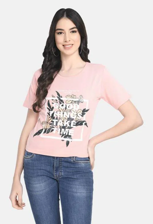 Viral Trend Women Printed Round Neck Pure Cotton Pink T-Shirt