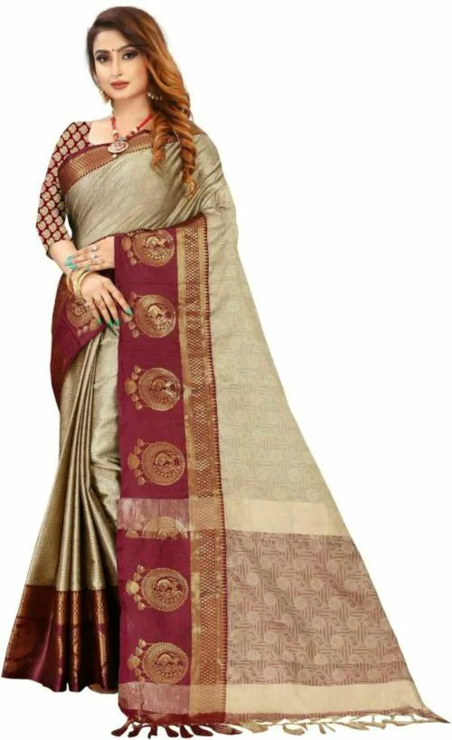 Miswa DANKA MOR WOVEN DESIGN COTTON SILK SAREE FOR WOMEN (BEIGE)