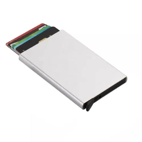 Giftana RFID Blocking Pop up Metal Card Holder/ Metal Wallet for Men and Women/ RFID Protected Pop Up Slim Credit Debit Case Holder, Corporate Gift (Silver)