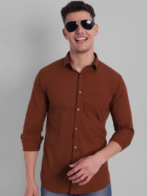 IKG DENIM Men Slim Fit Solid Casual Shirt Brown XL