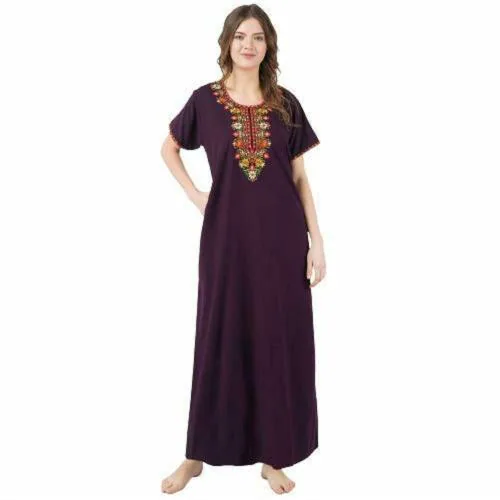 KOI SLEEPWEAR lissybissy Cotton Resham Embroidery Nighty Night Gown Maxi for Women A line (Free Size, Wine)