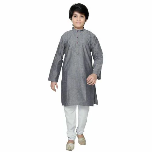 Baba & Baby Boys Traditional Ethnic Wear Handloom Cotton Plain Grey Colour Kurta with White Pyjama Set (Grey, 11-12 Years)