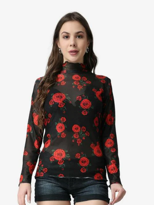 Popwings Casual Women's Black Turtle Neck Full Sleeves Floral Printed Sheer Top | Tops for Women | Tops For Women Stylish | Tops Latest Design For Women