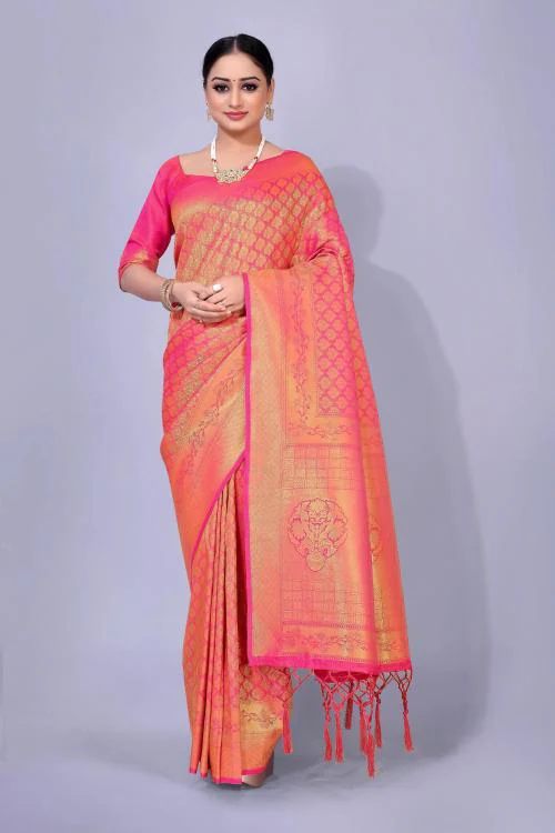 Rujave Women Pink Woven, Embellished Jacquard, Art Silk Konrad Saree