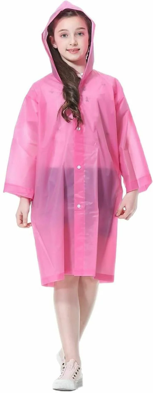 INFISPACE Kid's Reusable EVA Rain Poncho Raincoat| Rain Jackets Long with Hood Pink Color Raincoat pack of 1