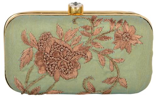 Tooba Handicraft Pista Velvet Women Designer Clutch Bag With Chain Strap