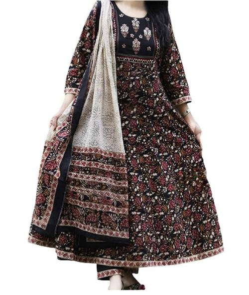 Femeone Women Black Cotton Anarkali Kurti Pant and Dupatta Set