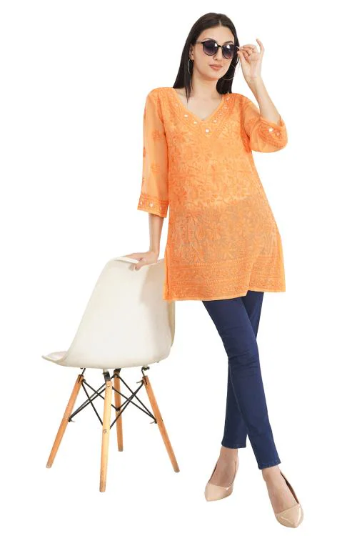 GK MILAN Orange Cotton Kurta for Women Hand Embroidered Straight Short Kurti Embroidered Ethnic Summer Wear with sea shell buttons-Colour-Orange-Size-XL