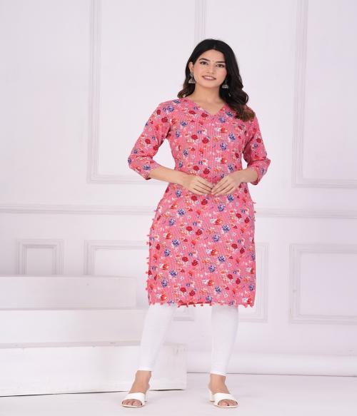 Ufine Women's Rayon Pom-Pom Printed Lace Work Straight Kurti-M