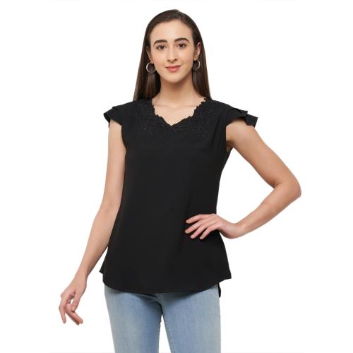 Go.4.it Women's Double Frill Cap Sleeves Top with Cutwork Embroidery On Neck