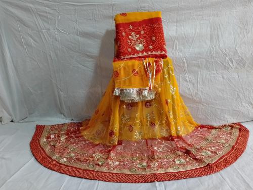 SHIVDEVANSHI Yellow, Red Self Design Georgette Rajasthani Poshak Women Lehenga Choli