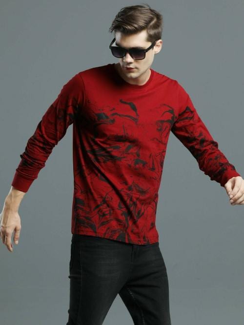 MANIAC Men Red Color Printed Pure Cotton T-shirt