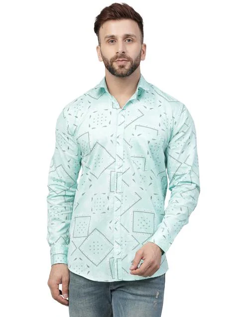 YHA Mens Sea Green Printed Cotton Shirt