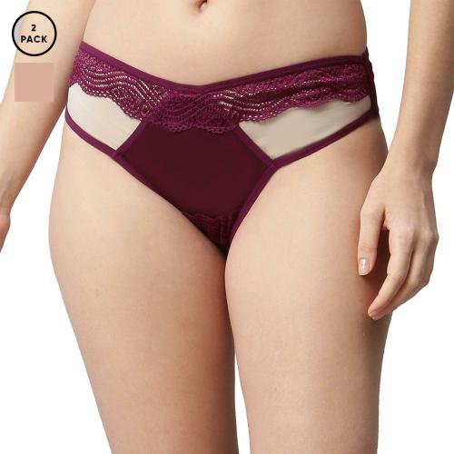 CUKOO Women Pack Of 2 Lacy Panty Burgundy