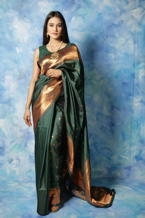 IRAAH Women Bottle Green Pure Silk Saree with Golden Zari Border One Size