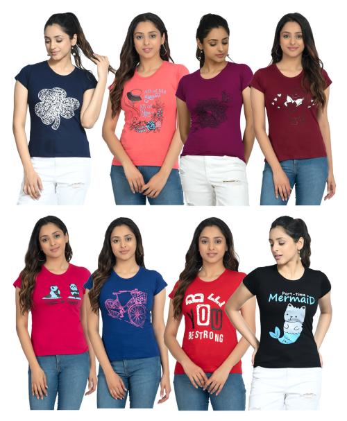 IndiWeaves Womens Cotton Printed Half Sleeves T-Shirts (Pack of 8) Multicolor